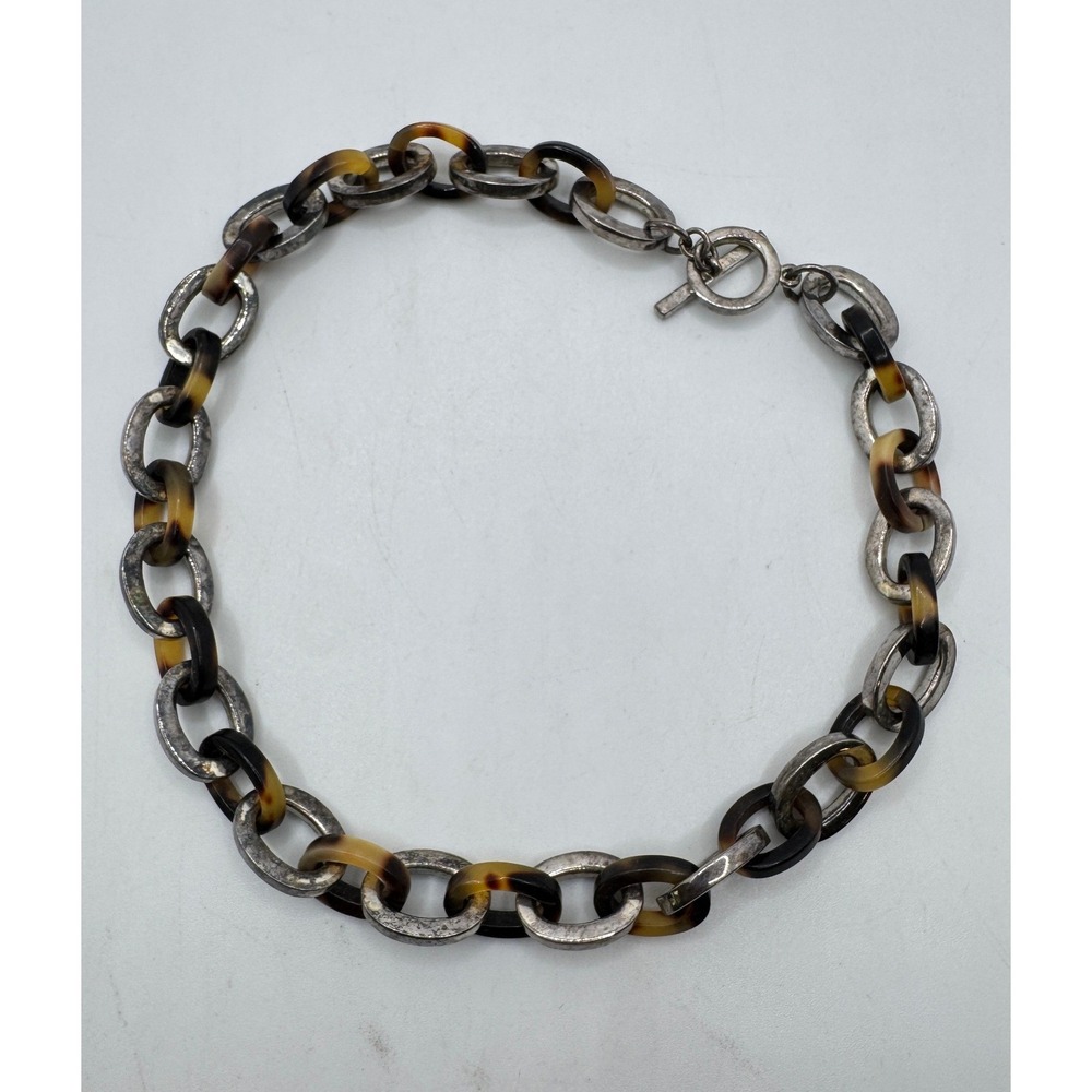 Tortoiseshell Resin & Silver Tone Chunky Oval Link Toggle Necklace